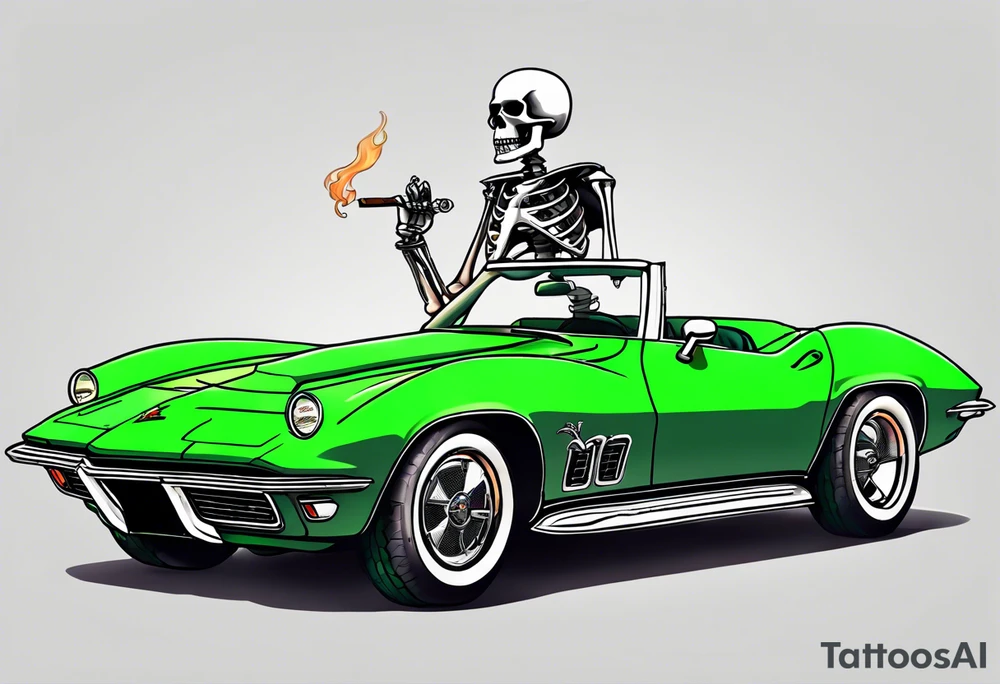 Skeleton smoking a cigarette driving a green 1976 convertible Corvette tattoo idea