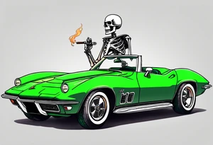 Skeleton smoking a cigarette driving a green 1976 convertible Corvette tattoo idea