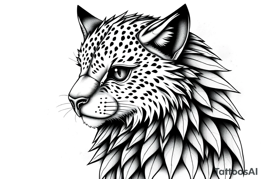 Um desenho em preto e branco de um pássaro estilizado, com aparência mística e detalhada. A arte é feita em estilo de tatuagem, com muitos traços finos, sombreamento em pontilhismo (dotwork) e formas geométricas. O pássaro tem olhos vazios e brilhantes, com penas estilizadas e sobrepostas em formas angulares e orgânicas. As asas e a cauda são longas, com detalhes intrincados que lembram padrões de penas de coruja ou falcão. A pose do pássaro é majestosa, com a cabeça voltada para frente e o corpo inclinado para o lado, como se estivesse empoleirado tattoo idea