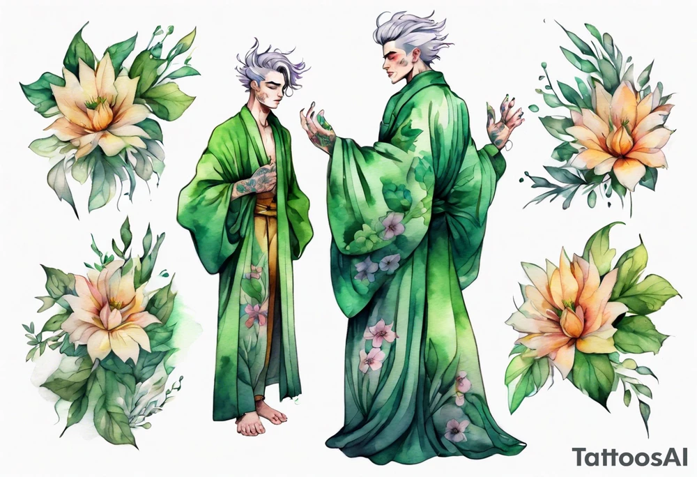a man-flower hybrid wearing a flowing floral robe with green leafy hair tattoo idea