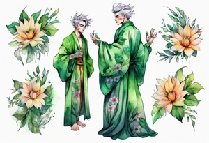 a man-flower hybrid wearing a flowing floral robe with green leafy hair tattoo idea