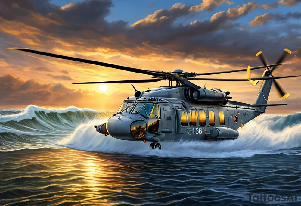 A detailed 4K drawing of a Canadian military grey CH-148 Cyclone helicopter soaring low over rough, ocean waves. The sun is setting, casting a dramatic glow on the scene with realistic clouds and a specular reflection of the helicopter on the water. The helicopter should be the main focus, with intricate details and a sense of motion. In the background, a poppy be prominently displayed tattoo idea