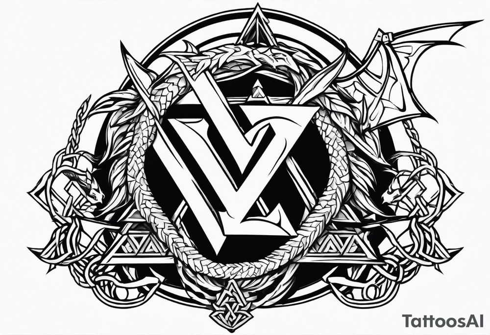Valhalla sword shield axe barbed wire chains valknut fire dragon tattoo idea Valhalla sword shield axe barbed wire chains valknut fire dragon tattoo idea