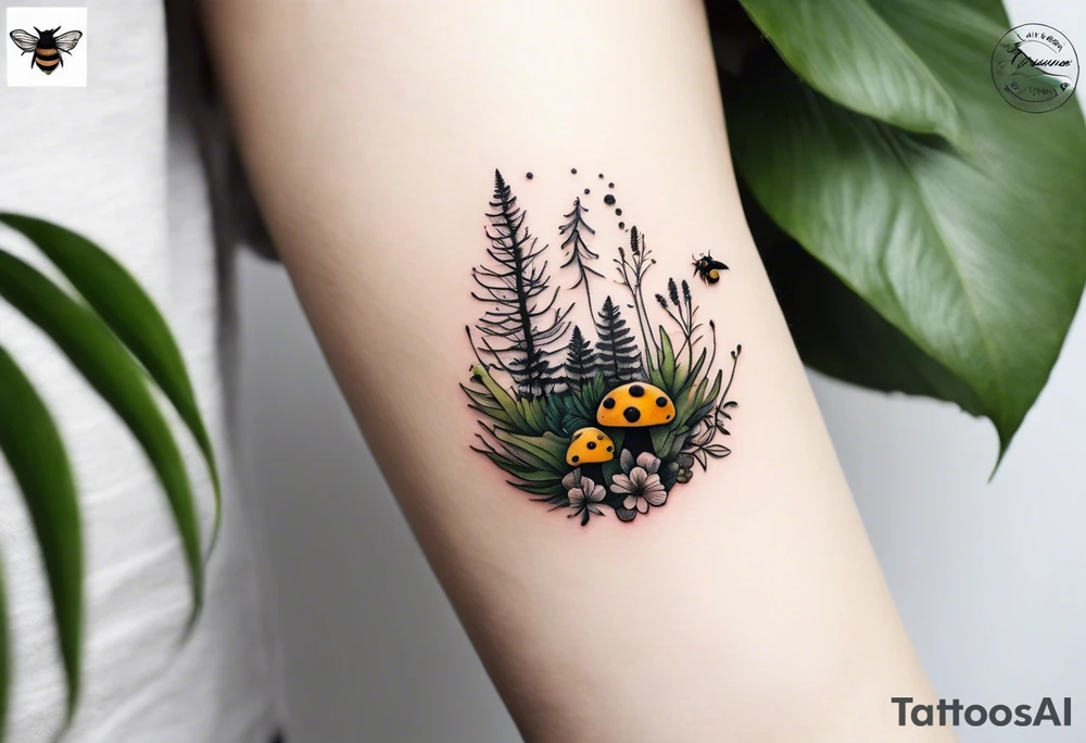 forest floor inspired minimalist tattoo, which includes grass, curly ferns, moss and dead leaves as the bulk of the tattoo. details to include: forest berries, a tiny bumblebee flying nearby, three small brown mushrooms
Generate a vertically long one tattoo idea