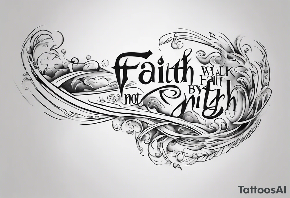 Horizontal inner bicep tattoo. “walk by faith, not by sight” stairwell wrapping around the quote. This design captures the essence of the journey guided by faith. tattoo idea