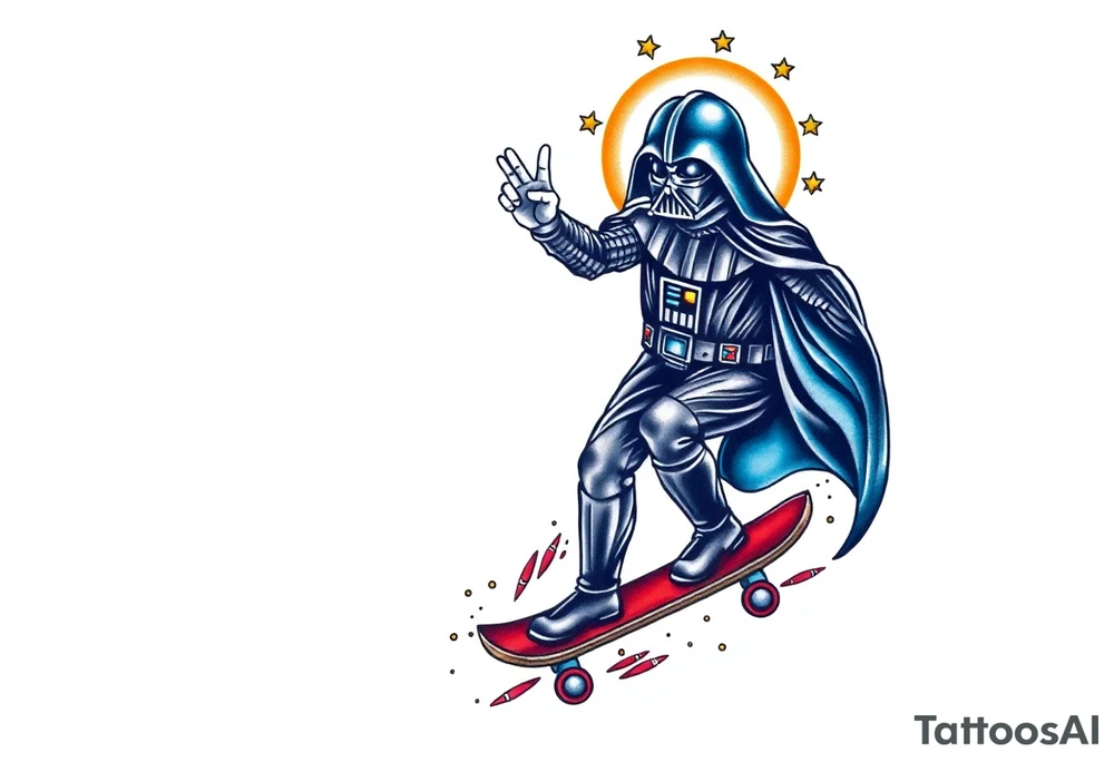MEMORY TATTOO
Darth Vader skateboarding with hand signal hello in heaven, outdoors, bullets, star wars>blue and red 
"Darth Carter"
12/29/88-01/06/24 tattoo idea