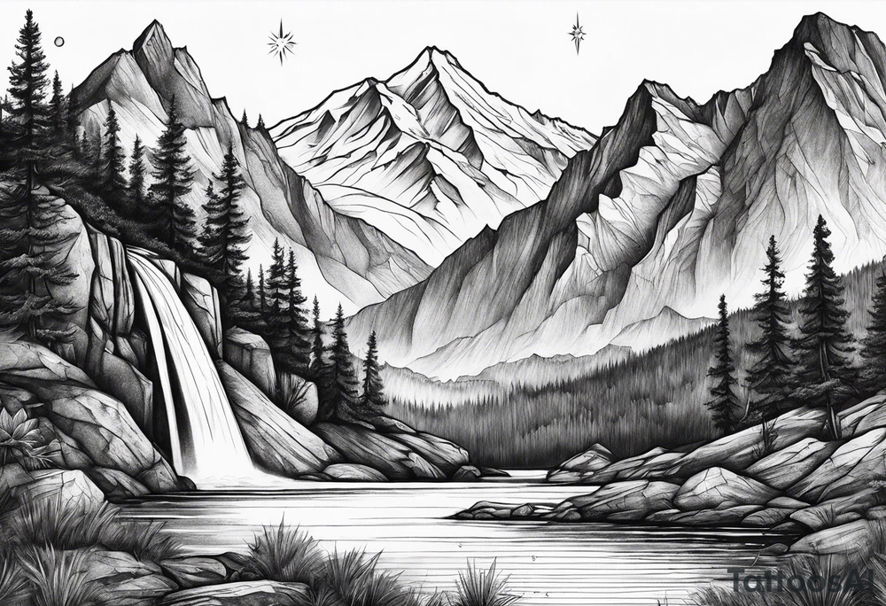 mountains, nature, stars, cross, waterfall, water tattoo idea