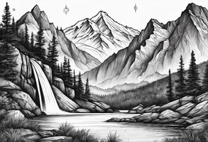mountains, nature, stars, cross, waterfall, water tattoo idea