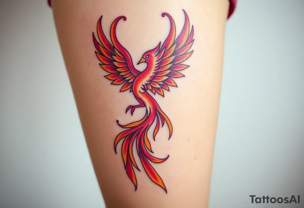 magnificent phoenix rising from flames with trailing embers pinks golds orange and yellows tattoo idea