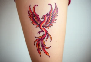 magnificent phoenix rising from flames with trailing embers pinks golds orange and yellows tattoo idea