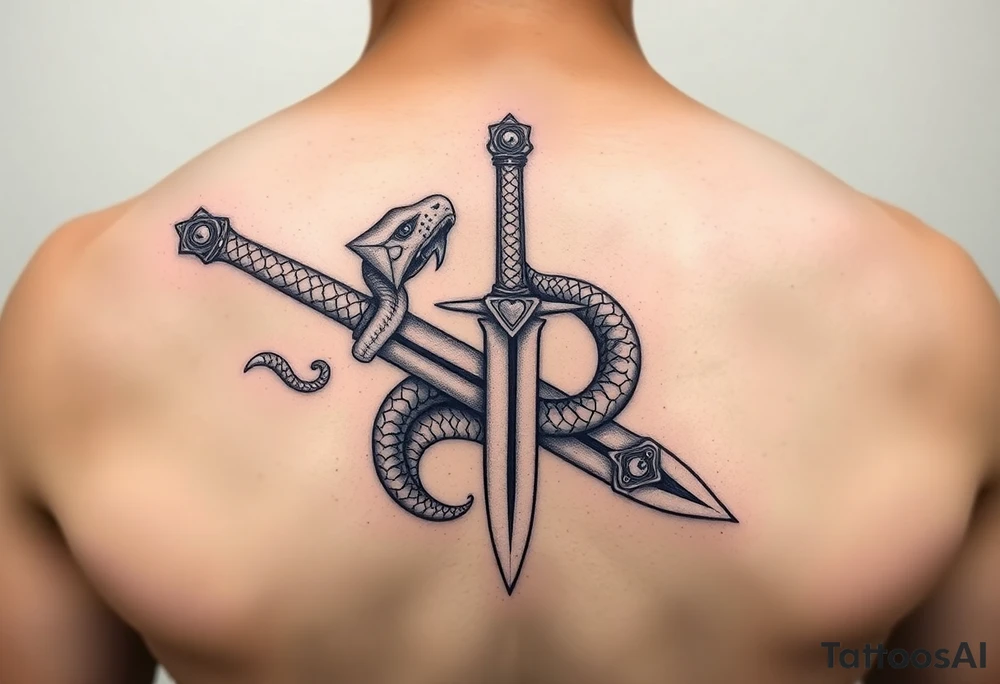 mystical snake coiled around an ancient dagger with jeweled hilt tattoo idea