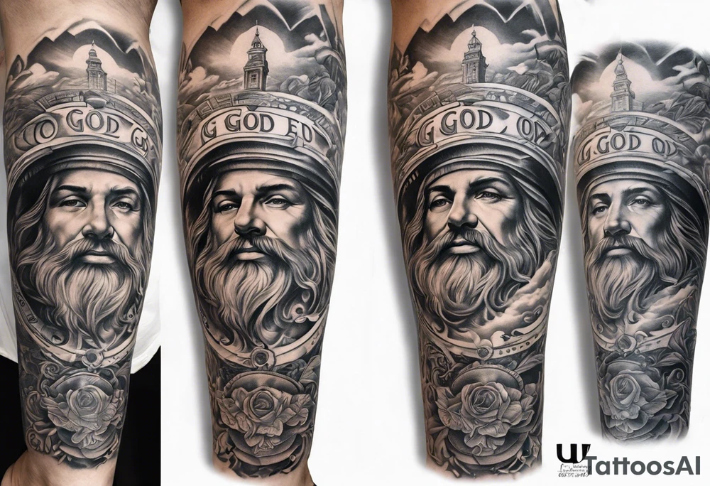 Leg sleeve with God on top representing god over everything, lower on the leg show things like money, drinking, something beachy, cards tattoo idea