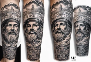 Leg sleeve with God on top representing god over everything, lower on the leg show things like money, drinking, something beachy, cards tattoo idea