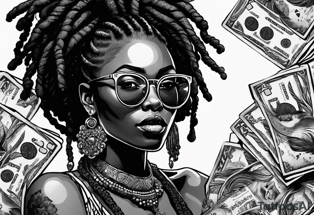 african woamn with dread locks and un glasses biting money with cards and dice tattoo idea