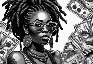 african woamn with dread locks and un glasses biting money with cards and dice tattoo idea