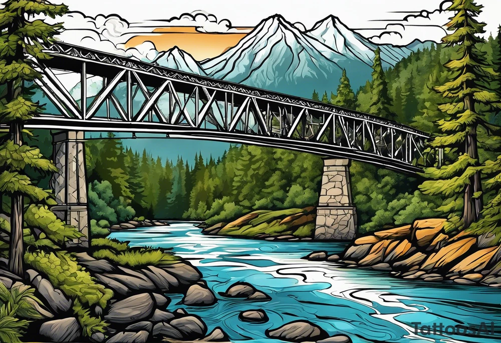 steel truss cantilever bridge over river, mountains, sky, trees, pacific northwest tattoo idea