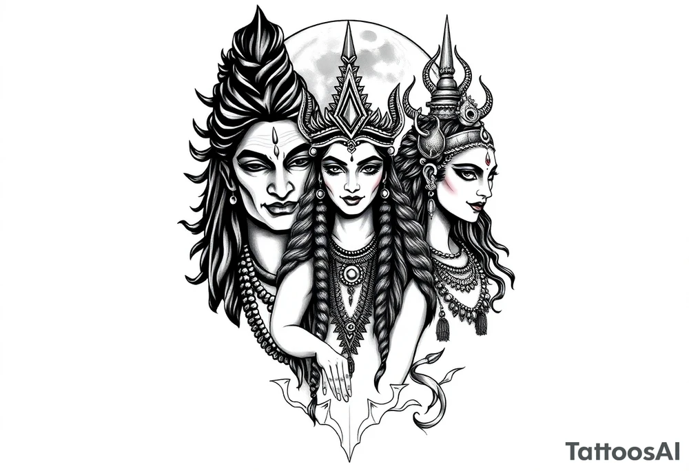 Lord Shiva, Godess Kali, Godess Lilith Together with the moon in the background tattoo idea