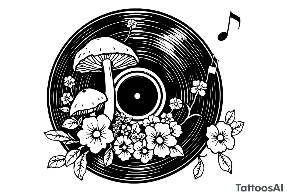 vinyl record with mushrooms, flowers, and music notes tattoo idea
