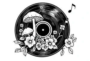 vinyl record with mushrooms, flowers, and music notes tattoo idea