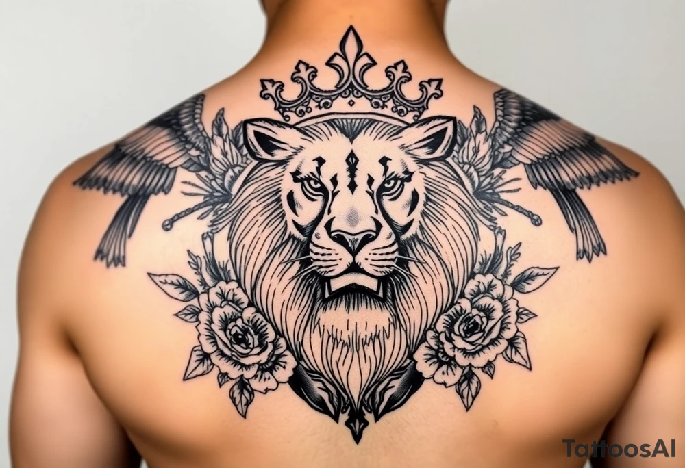 powerful majestic lion with a crown, surrounded by floral ornaments and birds tattoo idea