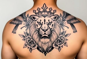 powerful majestic lion with a crown, surrounded by floral ornaments and birds tattoo idea
