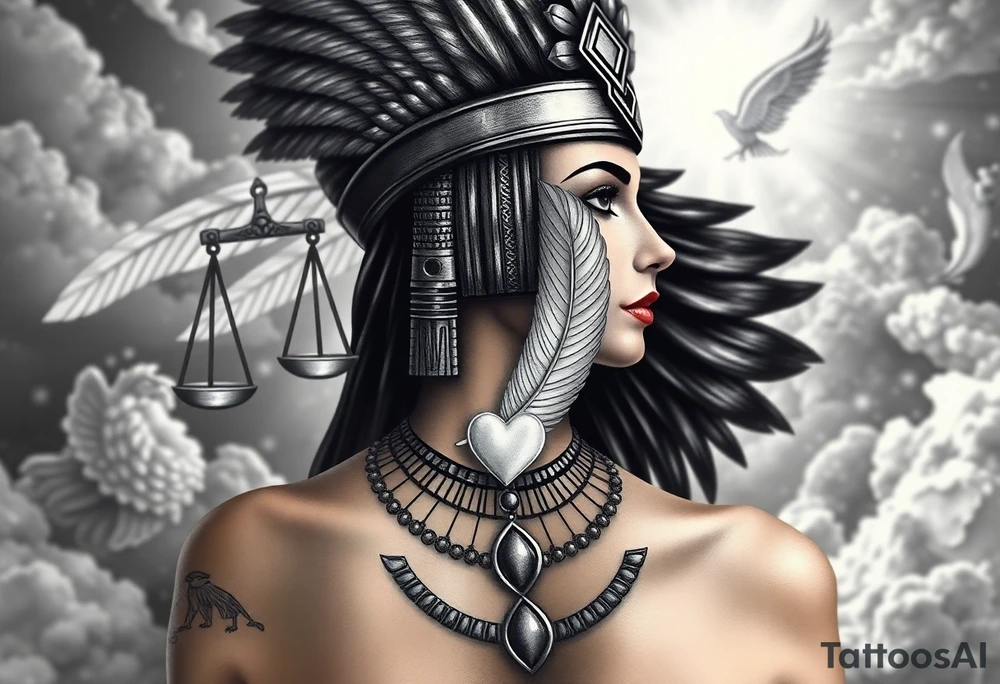Beautiful Egyptian goddess and elegant body, depicted as a regal woman with an ostrich feather headdress, and intricate ancient Egyptian jewelry such as the Anhk necklace. Background includes something similar to heaven. Incorporate the Scales of Justice—one side holding a heart, the other Ma’at’s feather—glowing with ethereal energy. Emphasize dramatic lighting, deep shadows, and surreal, mystical atmosphere tattoo idea