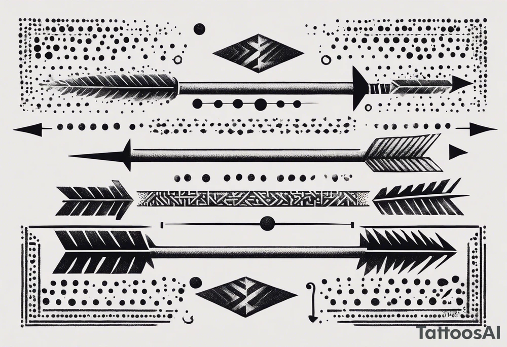 three basic parallel arrows.
The first arrow broken near the flight.
the second middle arrow in tact. the third arrow broken near the head. morse code for JAK in the design. tattoo idea