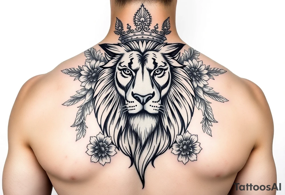 powerful majestic lion with a crown, surrounded by floral ornaments and birds tattoo idea