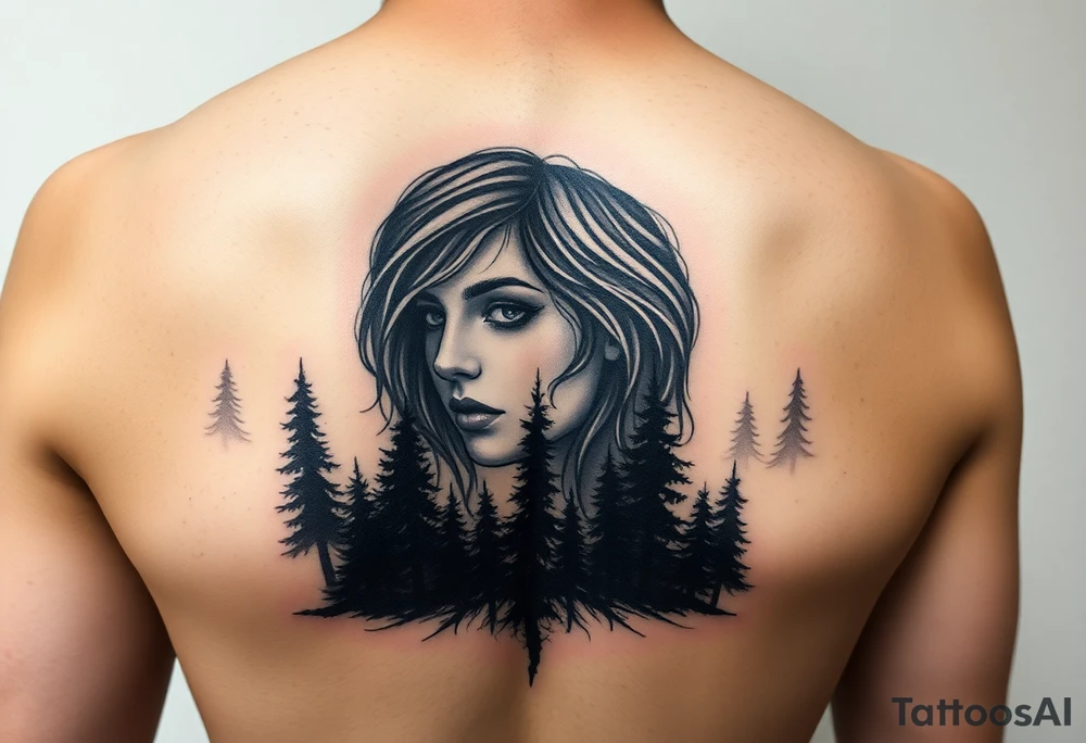An upper arm tattoo of a women's face framed in a jagged forest in the style of Ryan Ashley Malarkey with the lyrics, "The face behind the silhouette, In this world I made to be infinite,
But within the expanse, I finally see
A world without you isn't meant for me", from the band Lorna Shore with their dark forest imagery and aesthetics. tattoo idea