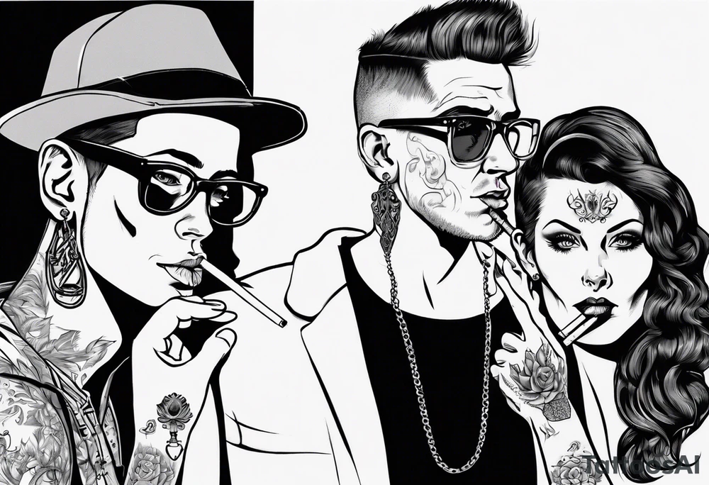 Image of a man and a woman without hats and glasses. A man with earrings in his ears stands smoking a cigarette, a woman sits with her legs wide apart tattoo idea