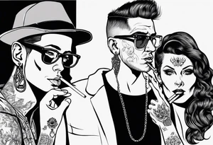Image of a man and a woman without hats and glasses. A man with earrings in his ears stands smoking a cigarette, a woman sits with her legs wide apart tattoo idea