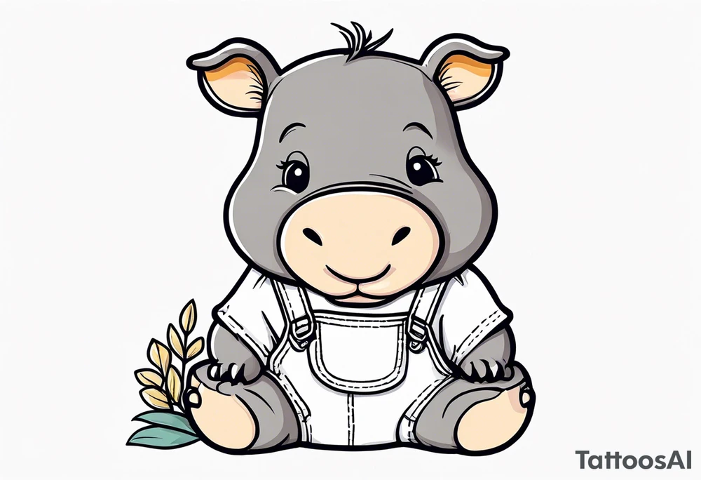 Baby hippo wearing overalls and holding a stuffed moose tattoo idea