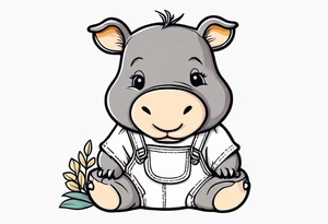 Baby hippo wearing overalls and holding a stuffed moose tattoo idea