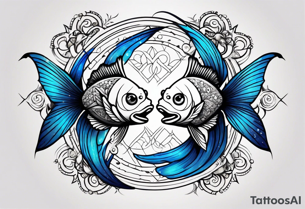 A 1/2 sleeve with 2 pisces fish one black one blue incorporate sigils and cosmos in background tattoo idea