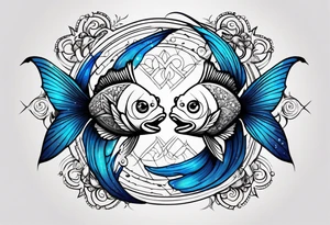 A 1/2 sleeve with 2 pisces fish one black one blue incorporate sigils and cosmos in background tattoo idea