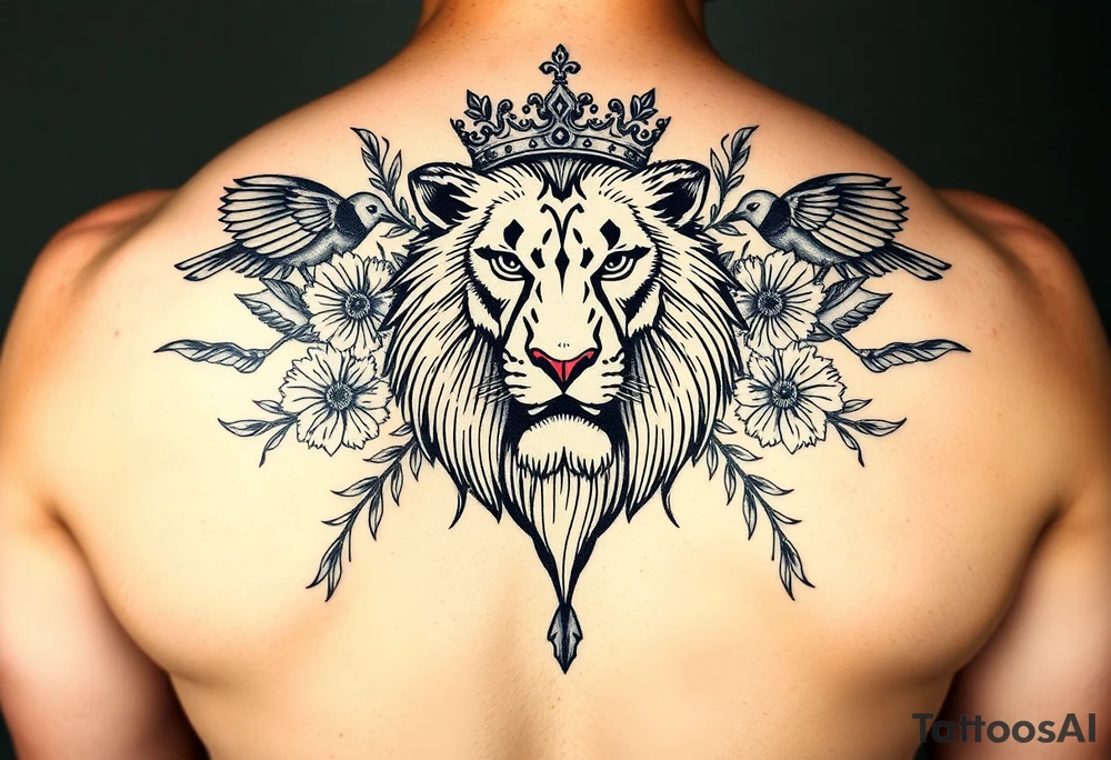 powerful majestic lion with a crown, surrounded by floral ornaments and birds tattoo idea