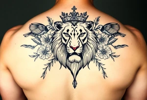 powerful majestic lion with a crown, surrounded by floral ornaments and birds tattoo idea