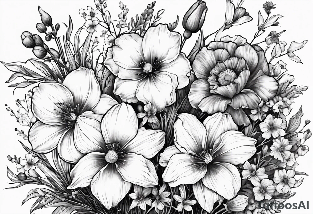 Wild flower bouquet with Violet, Daffodil, Gladiolus, Poppy, Cosmos tattoo idea
