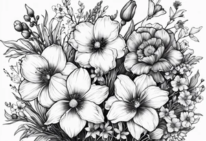 Wild flower bouquet with Violet, Daffodil, Gladiolus, Poppy, Cosmos tattoo idea