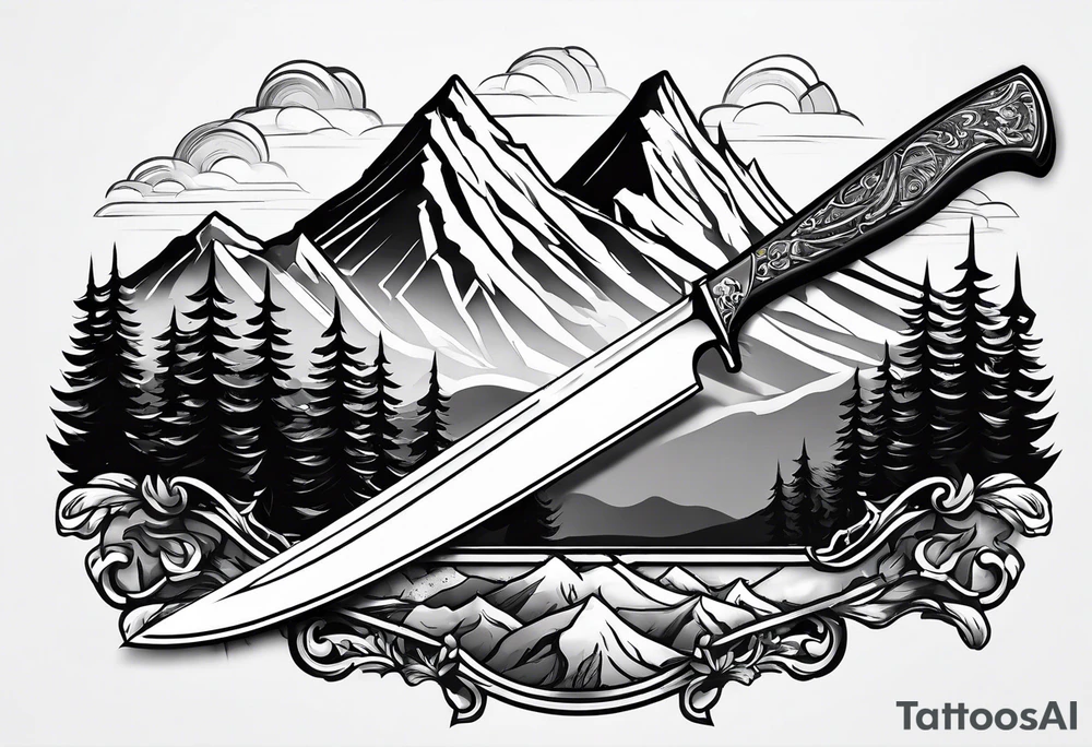 Chef knive with mountain range on the blade of the knife tattoo idea