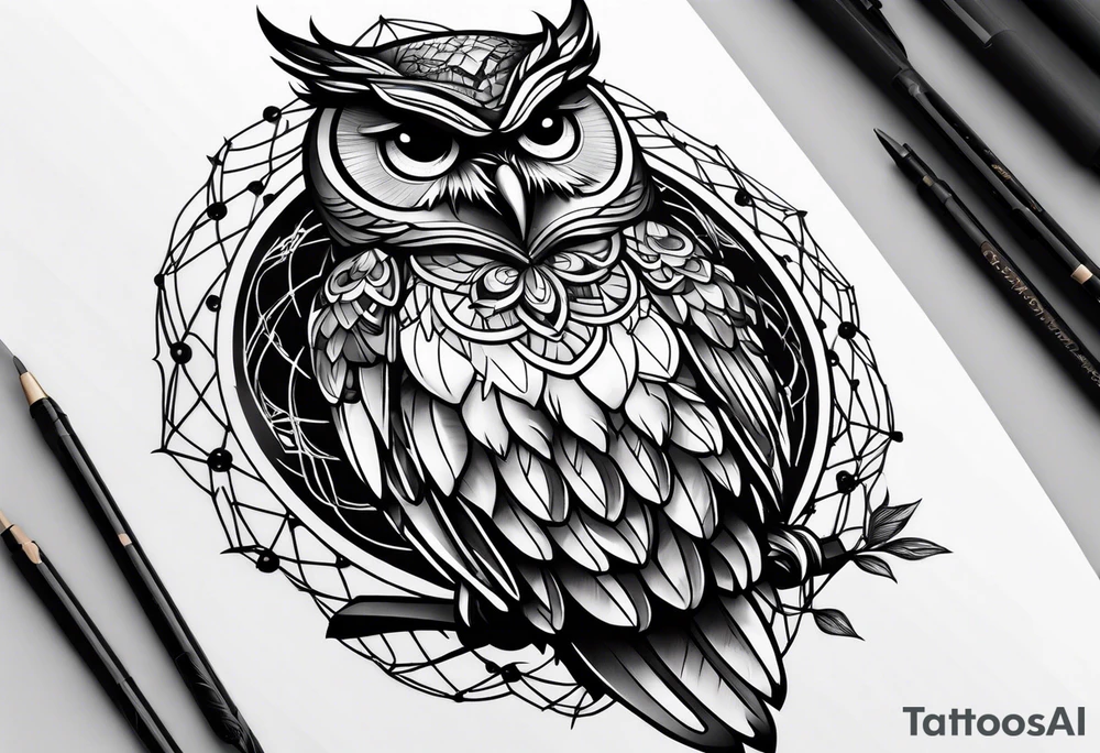 Owl and dreamcatcher back of calf idea tattoo idea