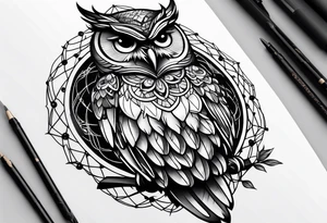 Owl and dreamcatcher back of calf idea tattoo idea