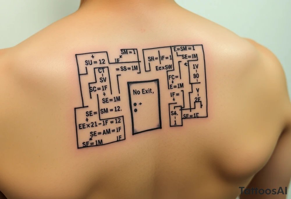 "Rat maze tattoo made of Excel formulas (=SUM, =IF). Exit door says 'No Exit' in Calibri font. Black ink, schematic style." tattoo idea