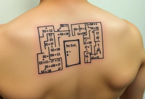 "Rat maze tattoo made of Excel formulas (=SUM, =IF). Exit door says 'No Exit' in Calibri font. Black ink, schematic style." tattoo idea