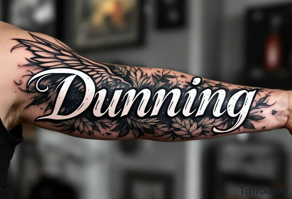 Dunning, Details include on left arm, name in white color,angel wing, wet jungle leaves,cool font, galaxy background filling, tattoo idea