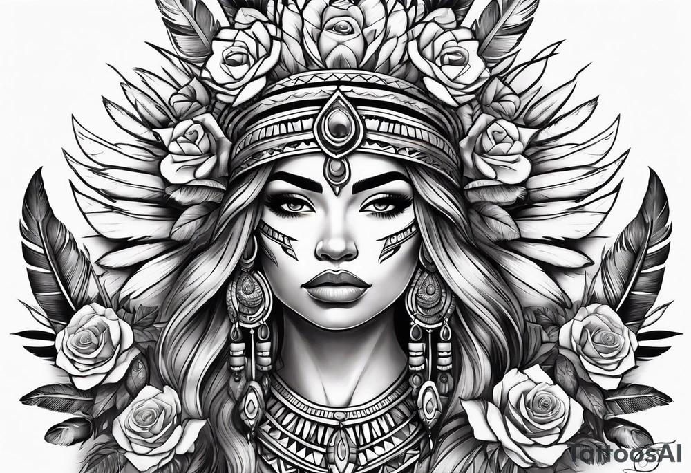 Aztec princess with roses and feathers tattoo idea