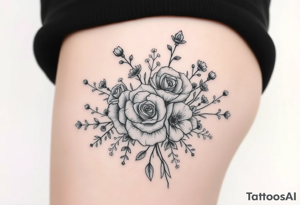 vintage bouquet of wild roses and meadow flowers with morning dew tattoo idea