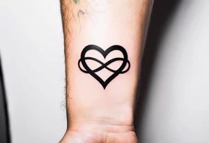 For man, back of wrist, infinity symbol plus heart plus word tb5 tattoo idea