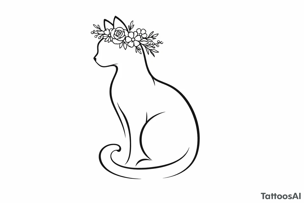 A regal cat silhouette with a floral crown, minimalist linework tattoo idea