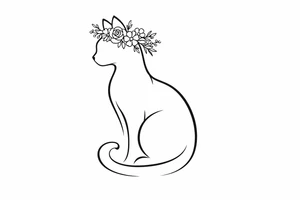 A regal cat silhouette with a floral crown, minimalist linework tattoo idea